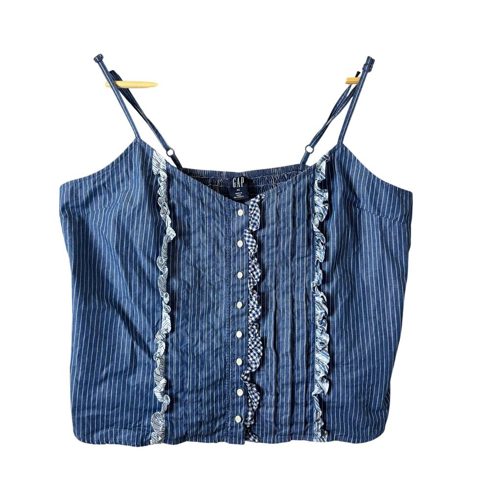 Gap Denim Cami Top Womens XL Chambray Ruffled Striped Gingham Summer Cottagecore
